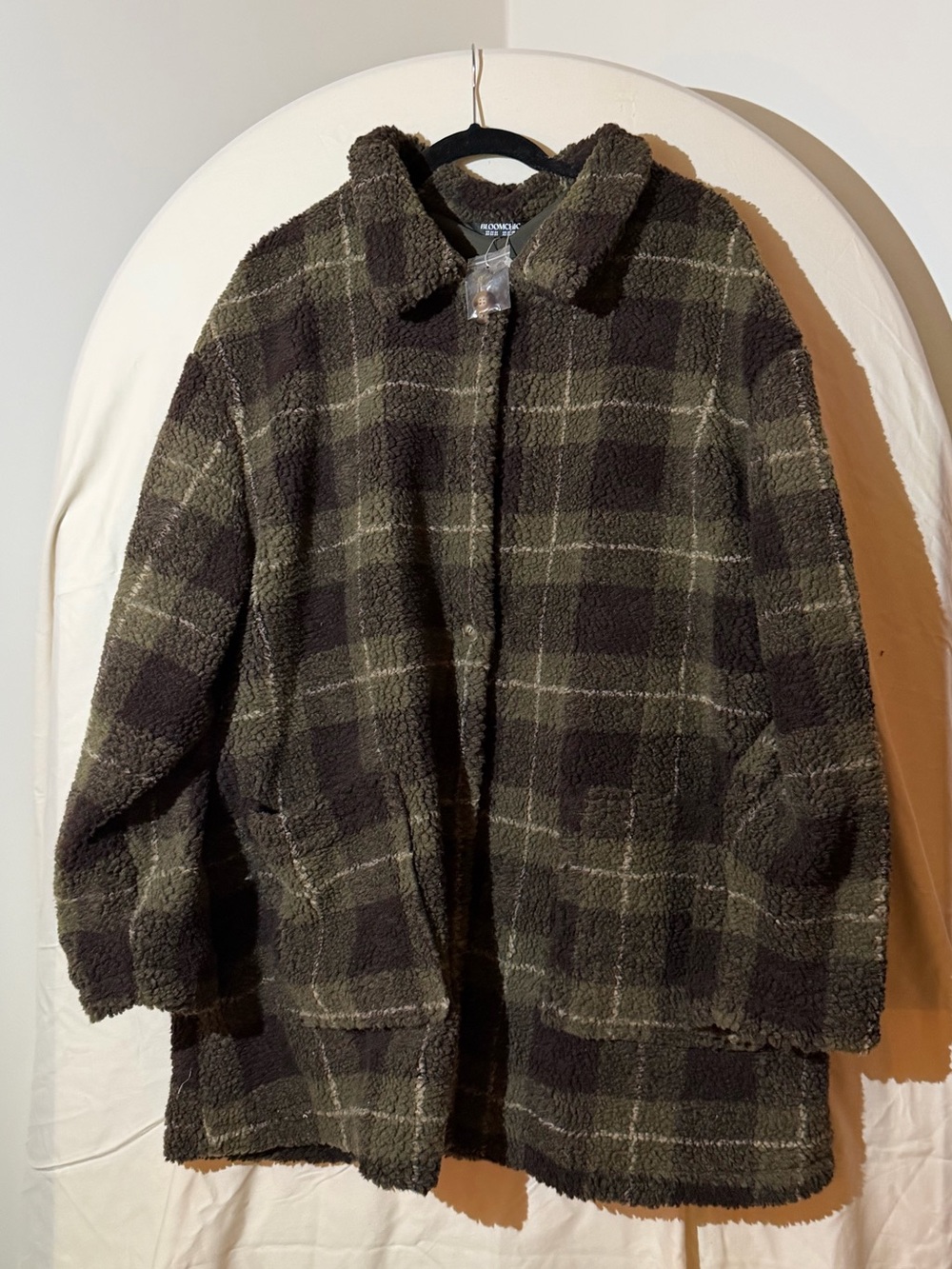 BloomChic Olive Green and Black Plaid Sherpa Coat